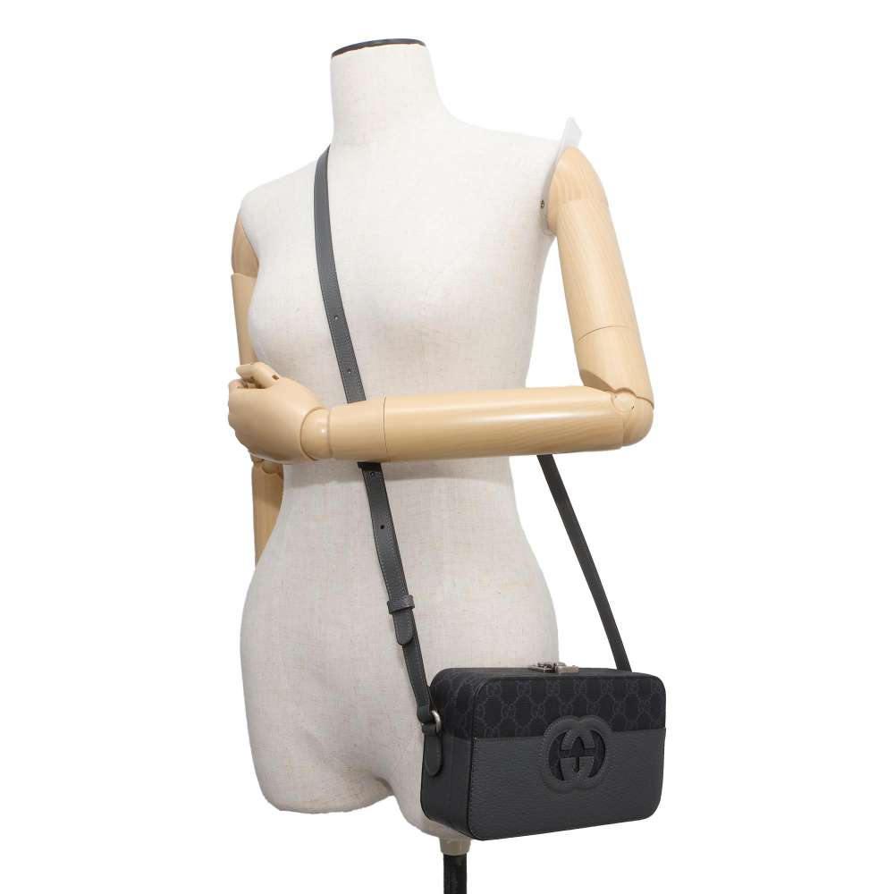 GUCCI Cutout Interlocking G Shoulder Bag Black/Gray 725341 GG SupremeCanvas Leather