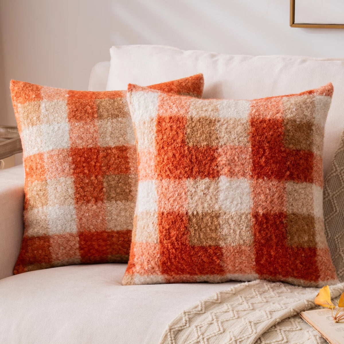 Orange Plaid Fall Throw Pillow Covers Set of 2, Boucle Decorative Pillow Covers,Cozy Fluffy Home Living Room Farmhouse Decor for Sofa Couch Bed