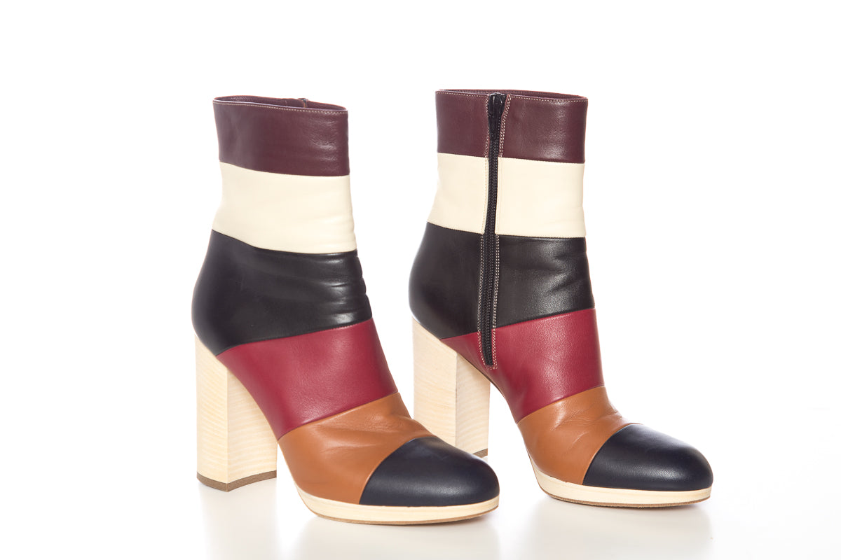 Valentino Maroon,Black,Peanut Lather Color Block Boots SZ 38