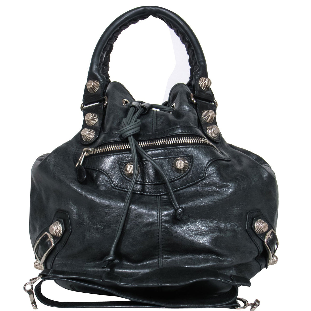 balenciaga - Black Leather Studded Motorcross Pompon Bucket Bag