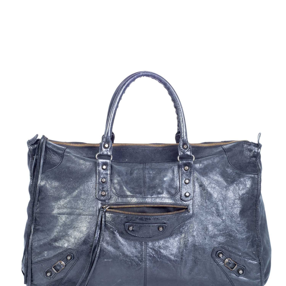 balenciaga Distressed Leather Classic Hardware City Duffle Bag Black