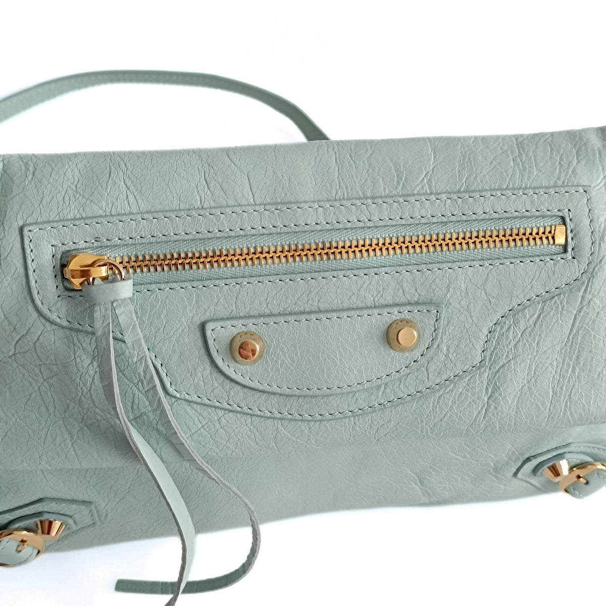 balenciaga Giant Clutch with shoulder strap in aqua green leather