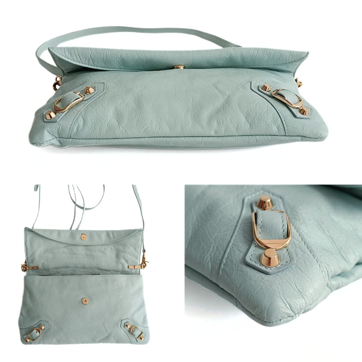 balenciaga Giant Clutch with shoulder strap in aqua green leather
