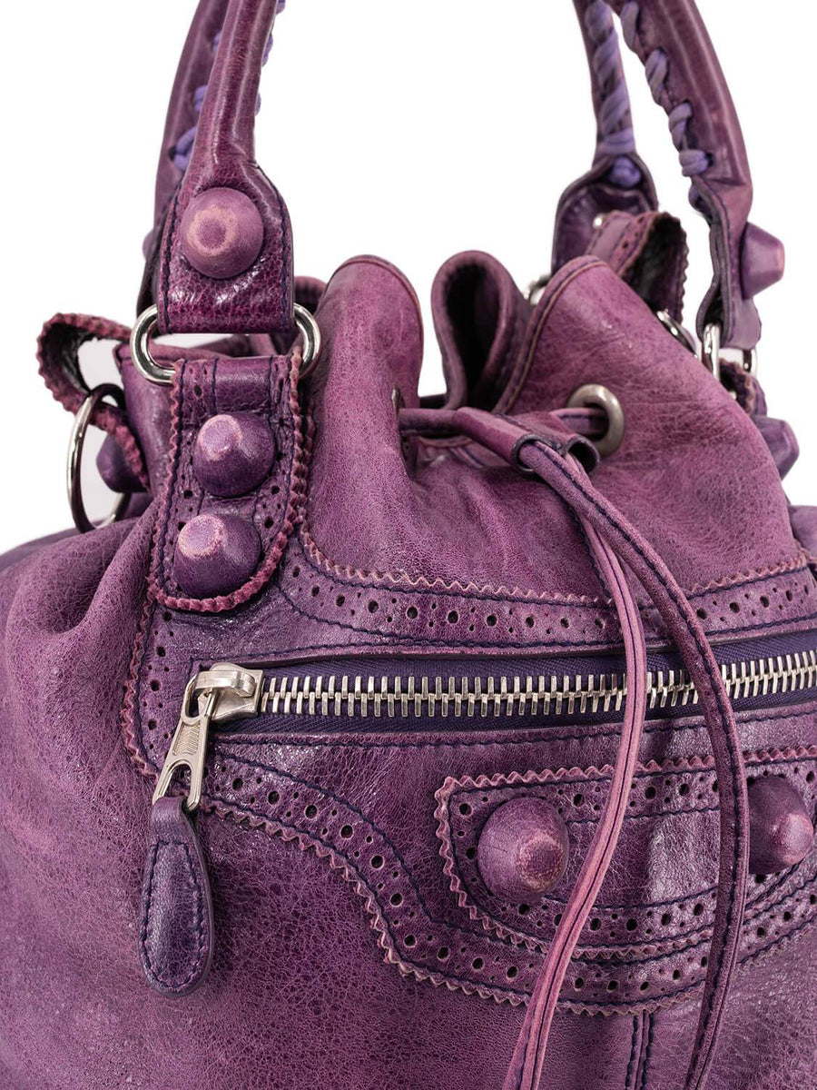 balenciaga Leather Large Pompon Bucket Bag Purple