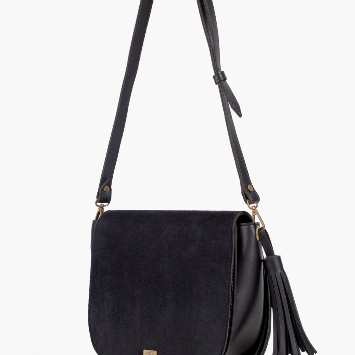 Black suede foldover saddle bag