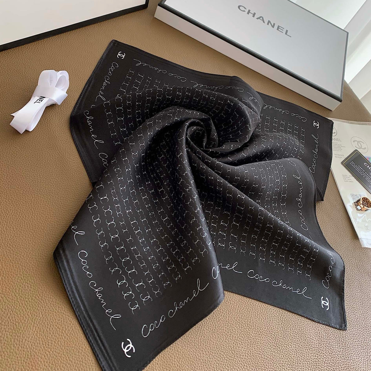 CC COCO SIGNATURE SILK SCARF IN BLACK 70CM