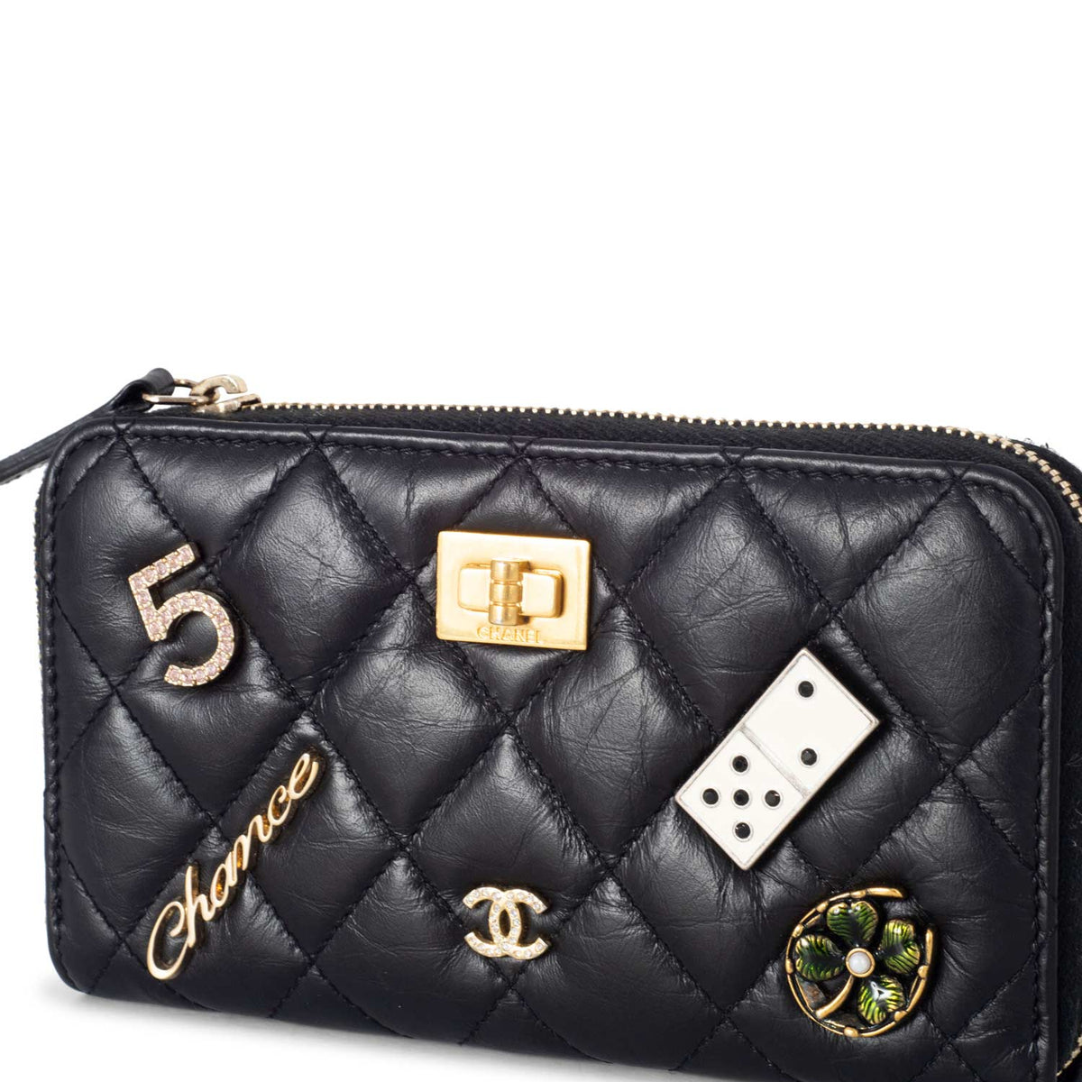 Top Quality Chanel Quilted Leather Lucky Charms Reissue Zip Around Wallet Black