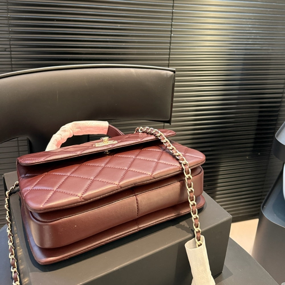 CC FLAP BAG WITH TOP HANDLE BURGUNDY 25CM