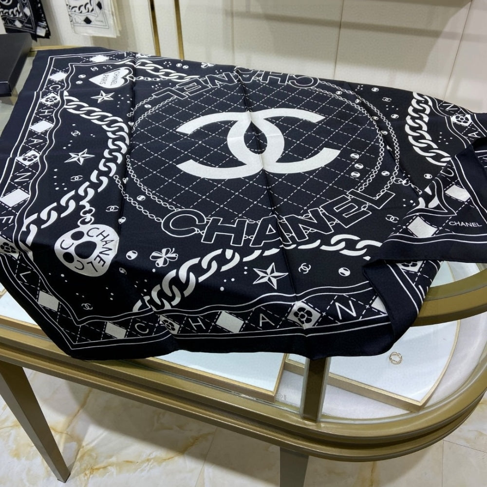 CC CLASSIC DOUBLE C LOGO PRINT SILK SCARF BLACK 90CM