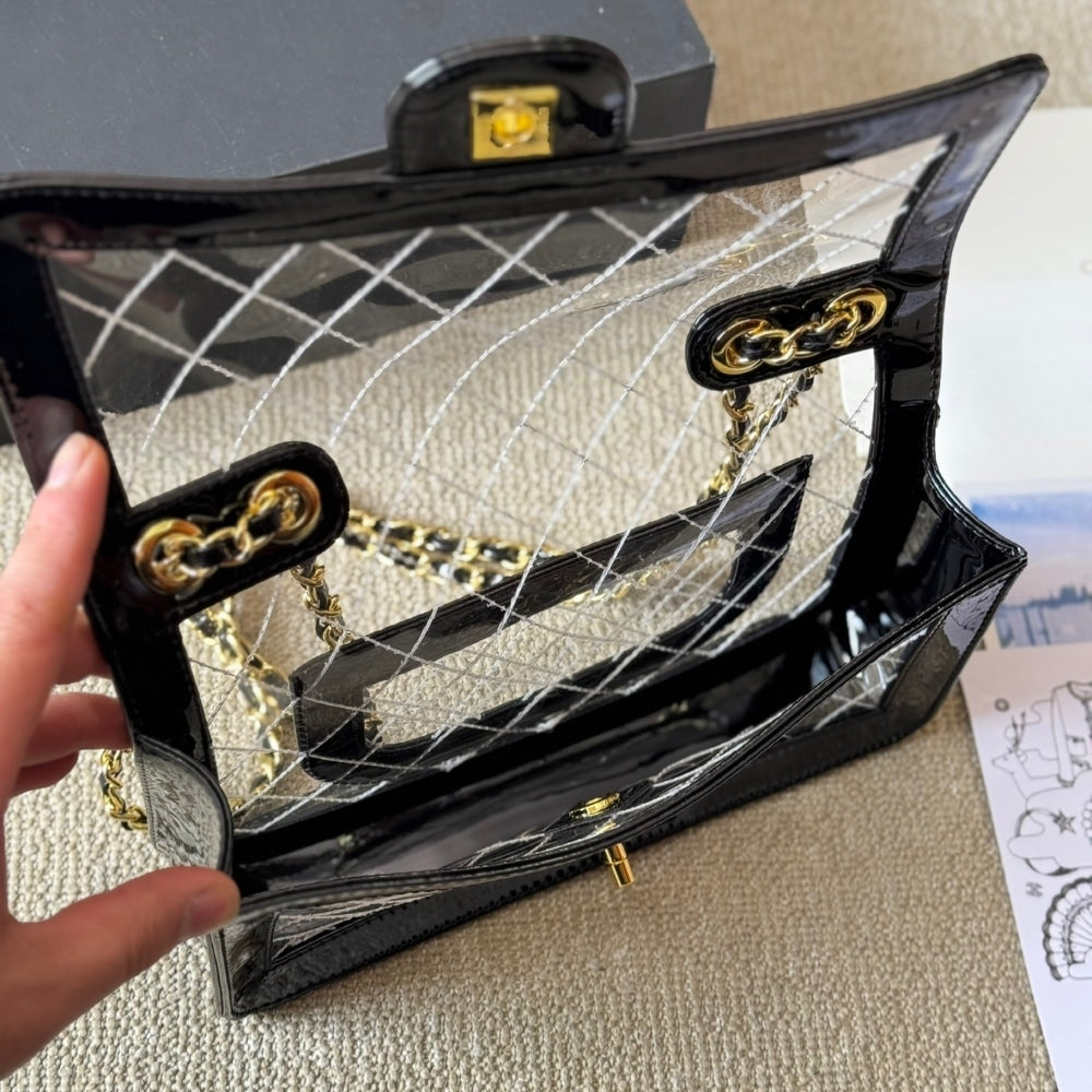 CC FLAP BAG CLEAR VINYL AND LEATHER BLACK 26CM