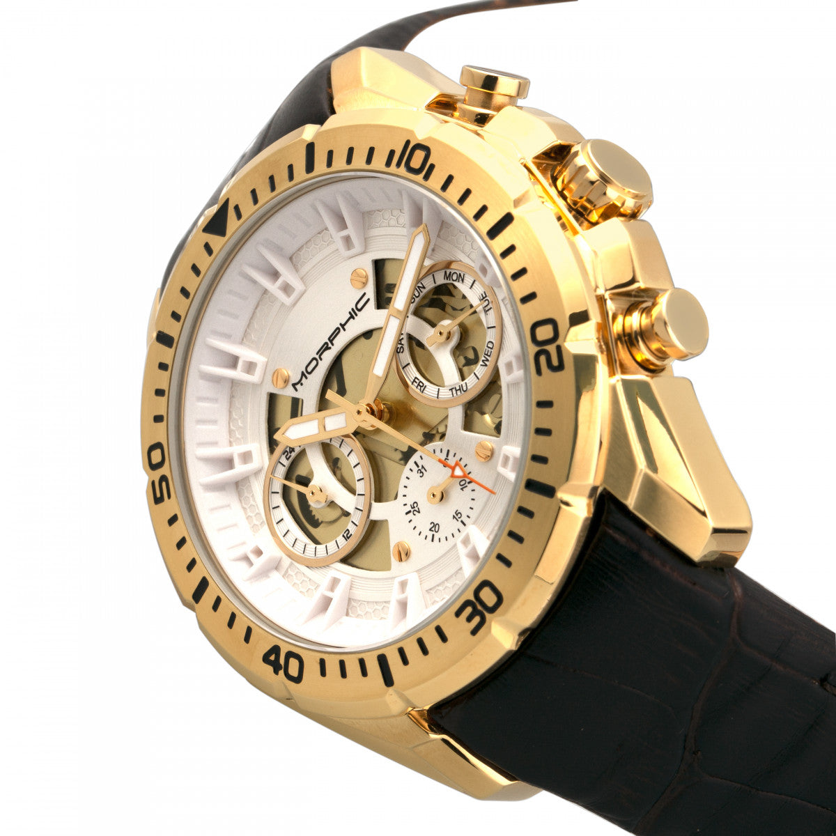 Morphic M66 Series Skeleton Dial Leather-Band Watch w/ Day/Date - Gold/Dark Brown