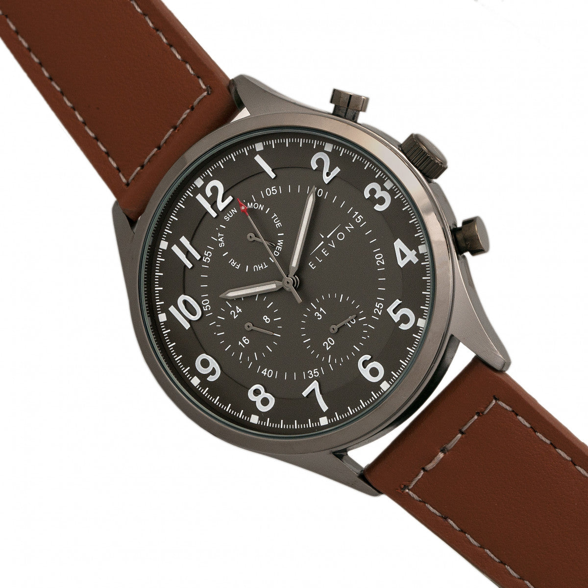 Elevon Lindbergh Leather-Band Watch w/Day/Date -  Brown/Gray