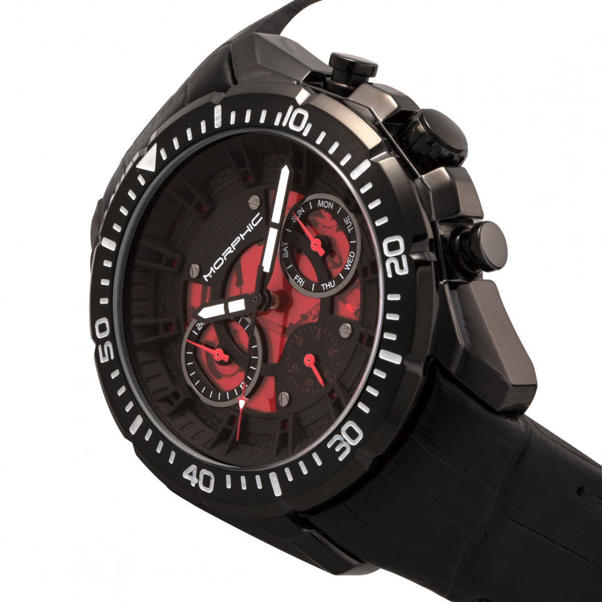 Morphic M66 Series Skeleton Dial Leather-Band Watch w/ Day/Date - Black
