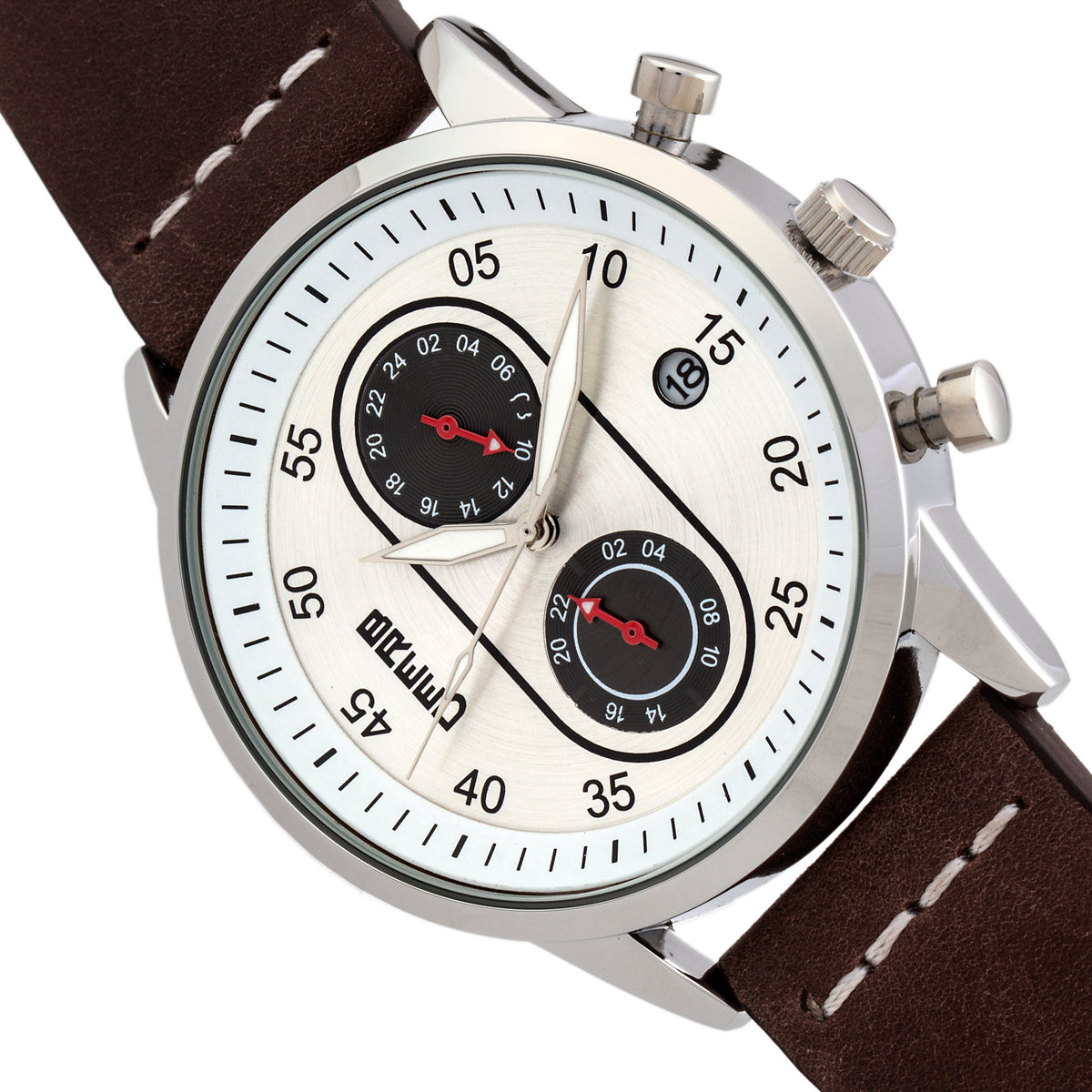 Breed Andreas Leather-Band Watch w/ Date - Silver/Dark Brown