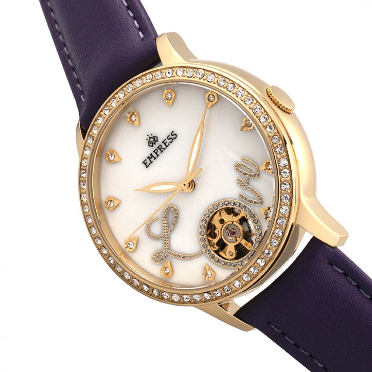 Empress Quinn Automatic MOP Semi-Skeleton Dial Bracelet Watch