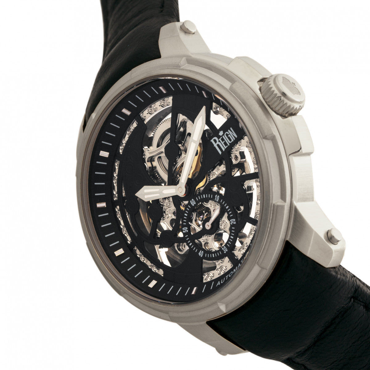 Reign Matheson Automatic Skeleton Dial Leather-Band Watch - Black