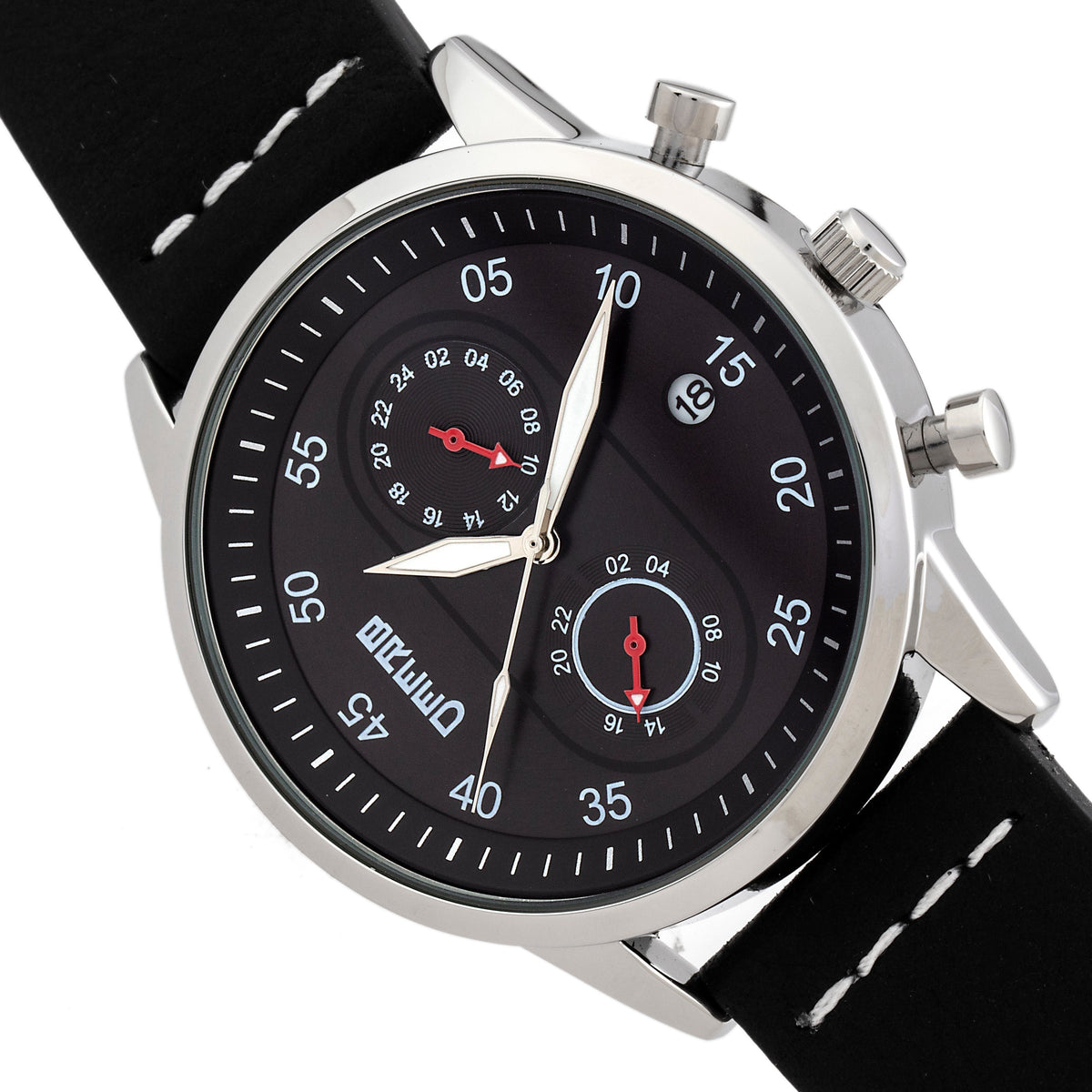 Breed Andreas Leather-Band Watch w/ Date - Silver/Black