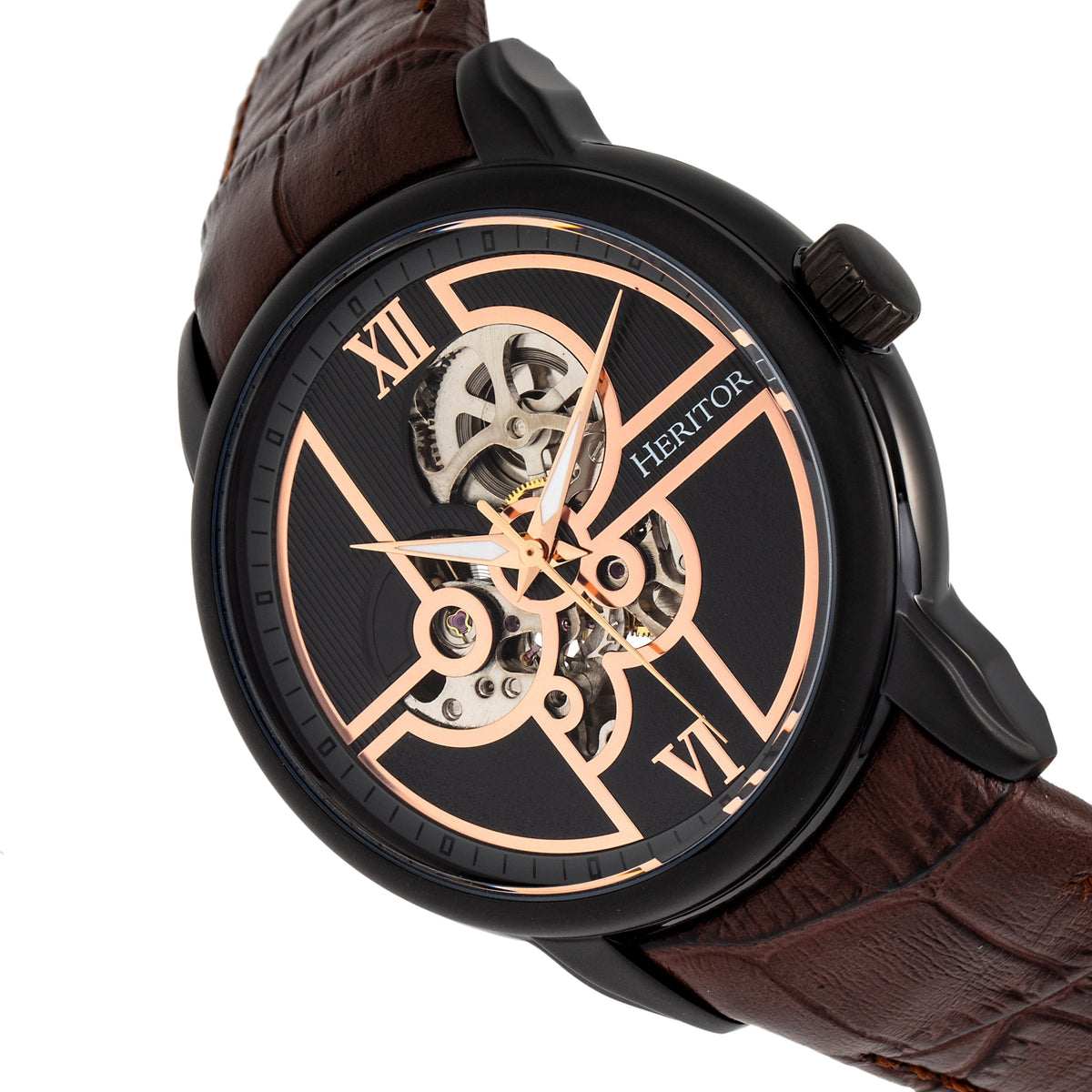 Heritor Automatic Sanford Semi-Skeleton Leather-Band Watch - Black/Brown
