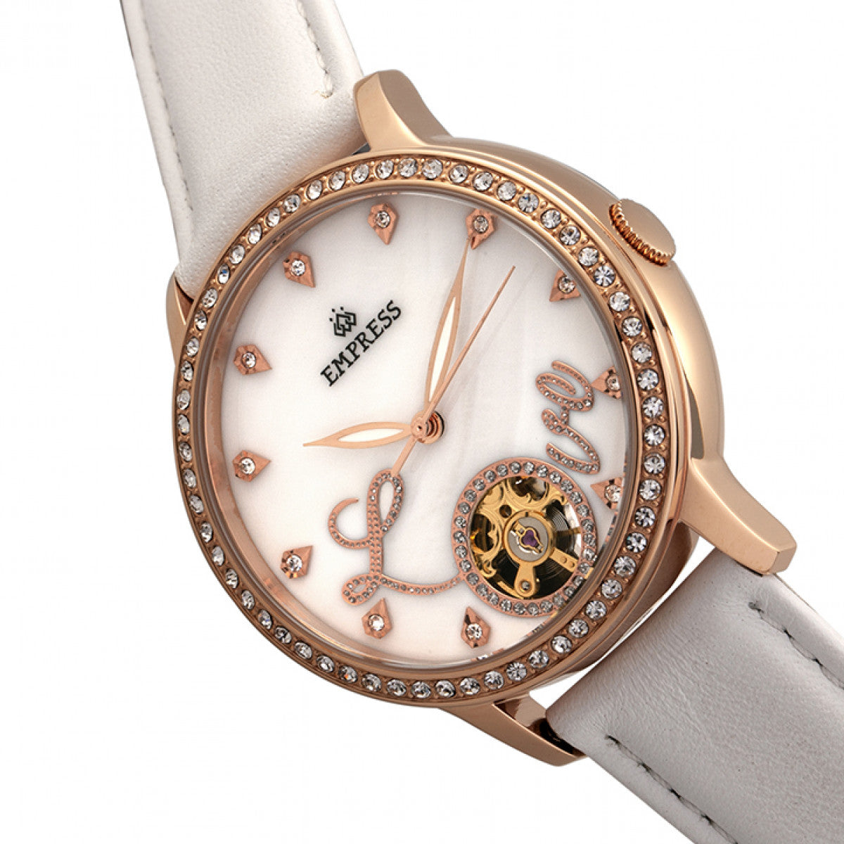 Empress Quinn Automatic MOP Semi-Skeleton Dial Leather-Band Watch - White