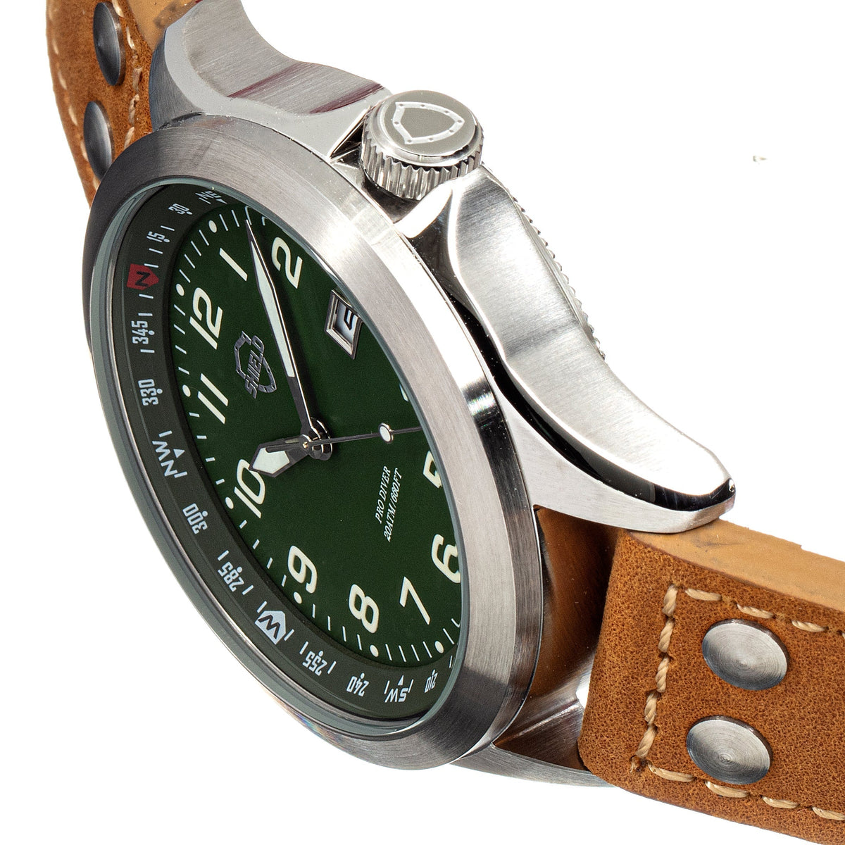 Shield Palau Leather-Band Men's Diver Watch w/Date - Silver/Green
