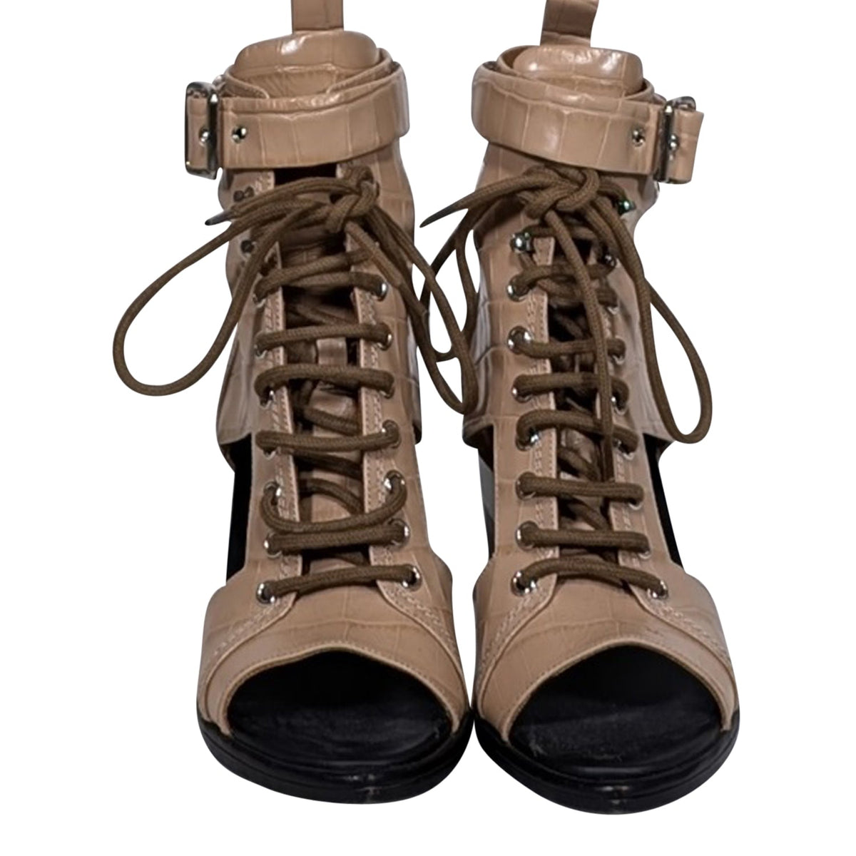 Chloe - Beige Croc Embossed Cutout Lace Up Short Boots Sz 9