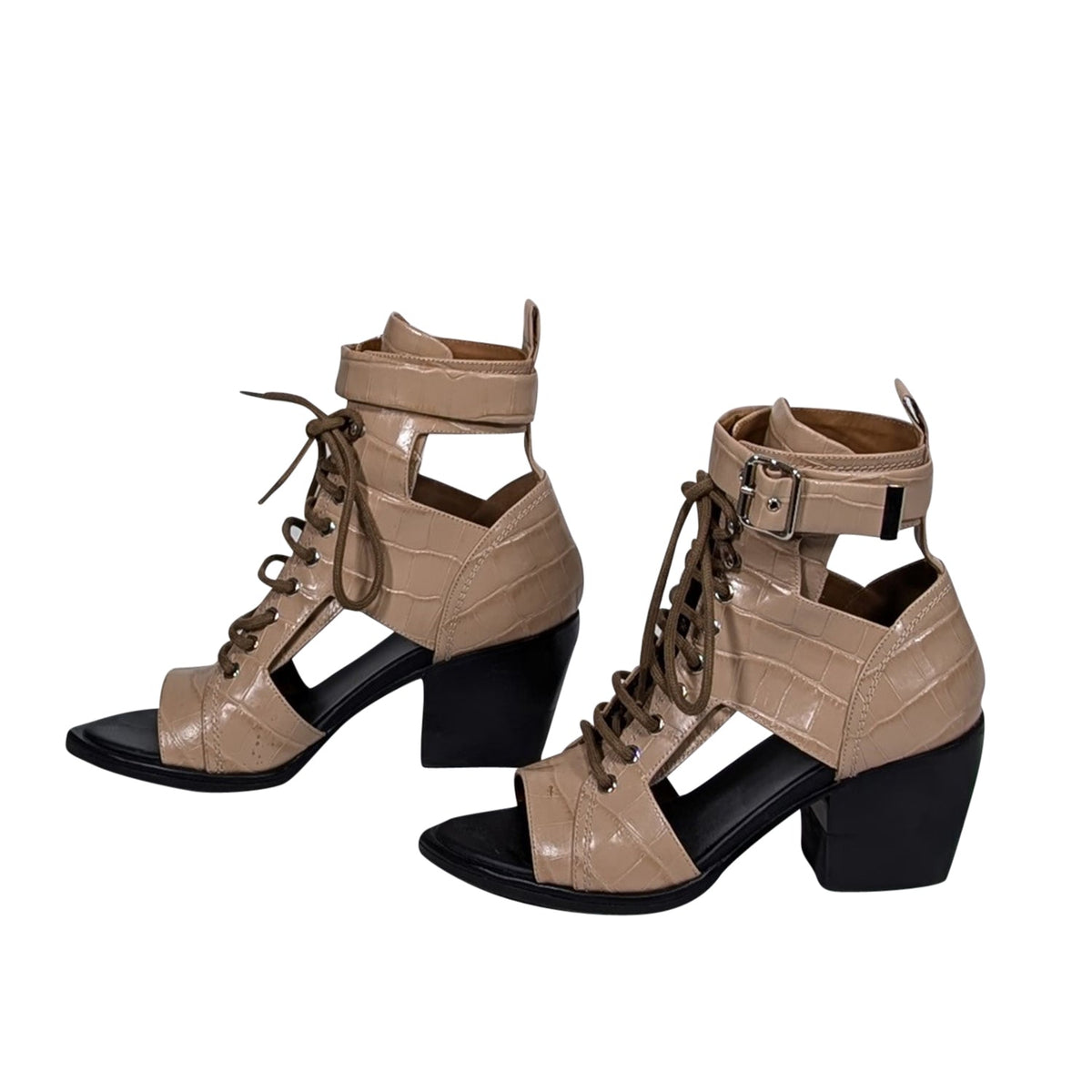 Chloe - Beige Croc Embossed Cutout Lace Up Short Boots Sz 9