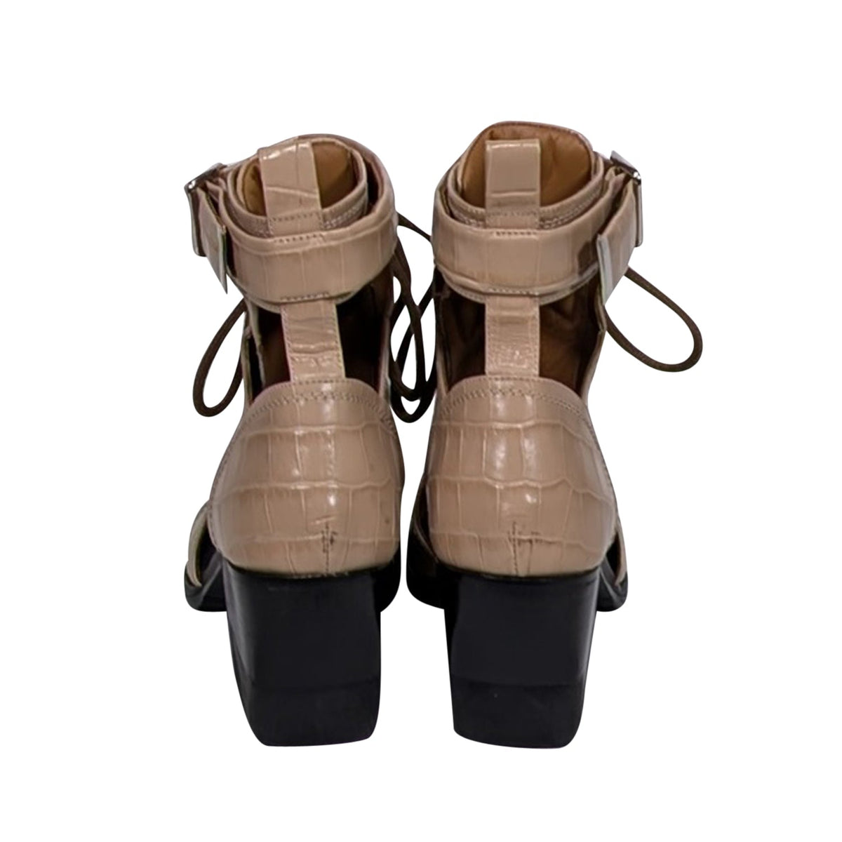 Chloe - Beige Croc Embossed Cutout Lace Up Short Boots Sz 9
