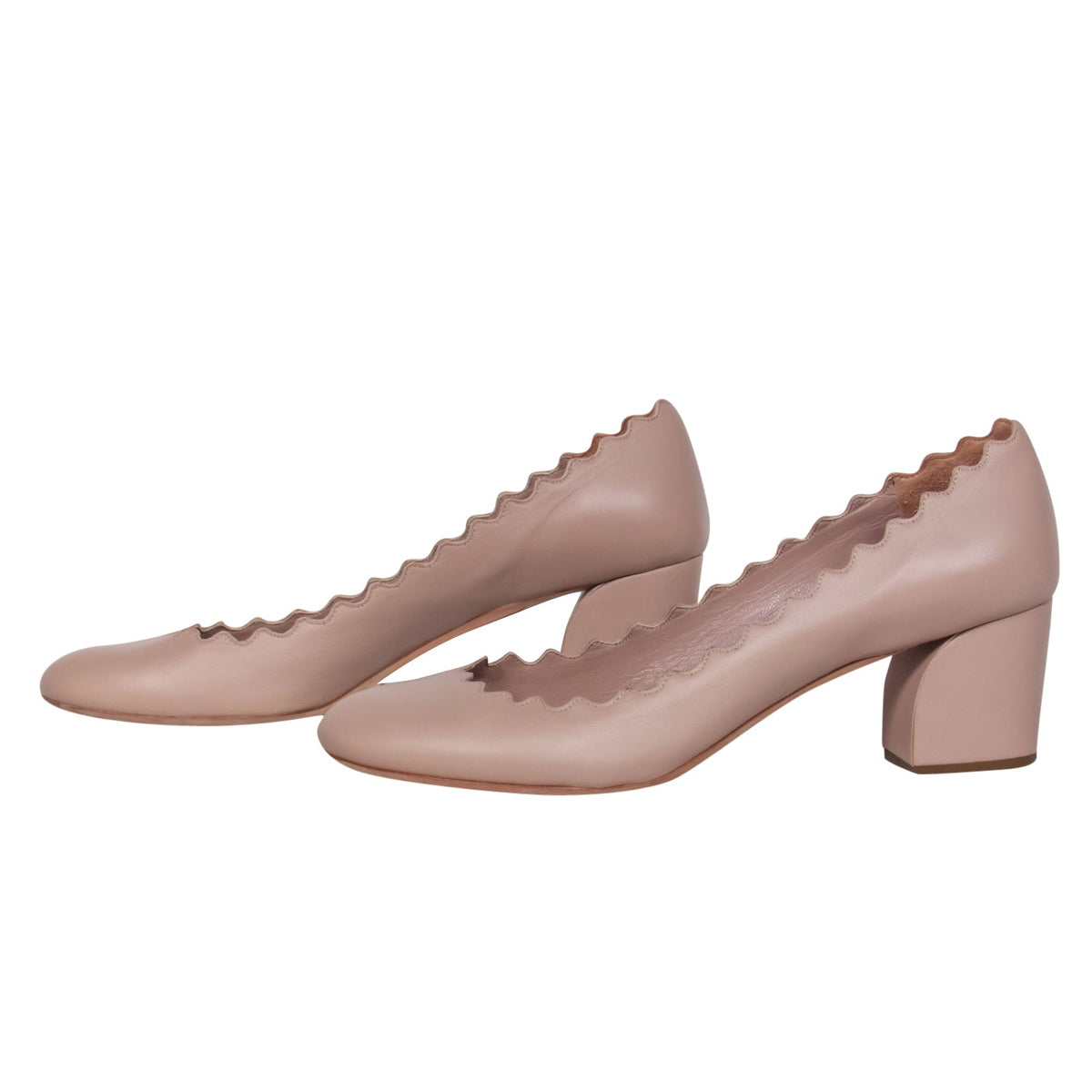 Chloe - Beige Leather Scalloped Block Heel Pumps Sz 10