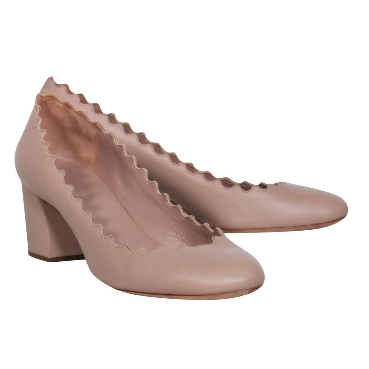 Chloe - Beige Leather Scalloped Block Heel Pumps Sz 10