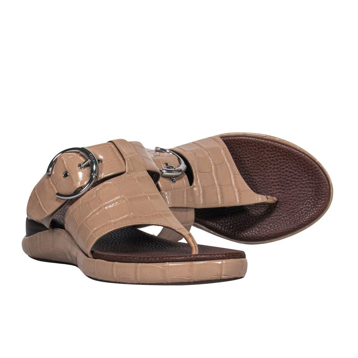 Chloe - Beige Patent Embossed Leather Thong Sandals w/ Buckles Sz 10