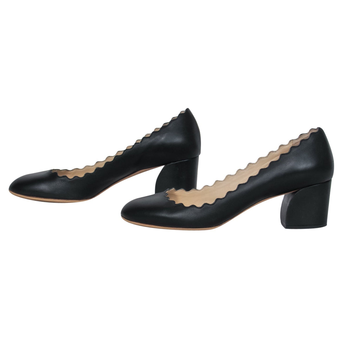 Chloe - Black Leather Scalloped Block Heel "Lauren" Pumps Sz 5.5