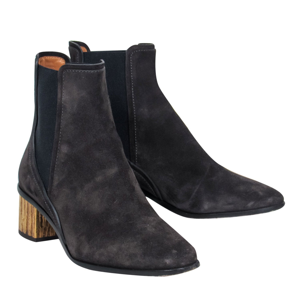 Chloe - Black Suede Chelsea Booties w/ Gold Block Heel Sz 8.5