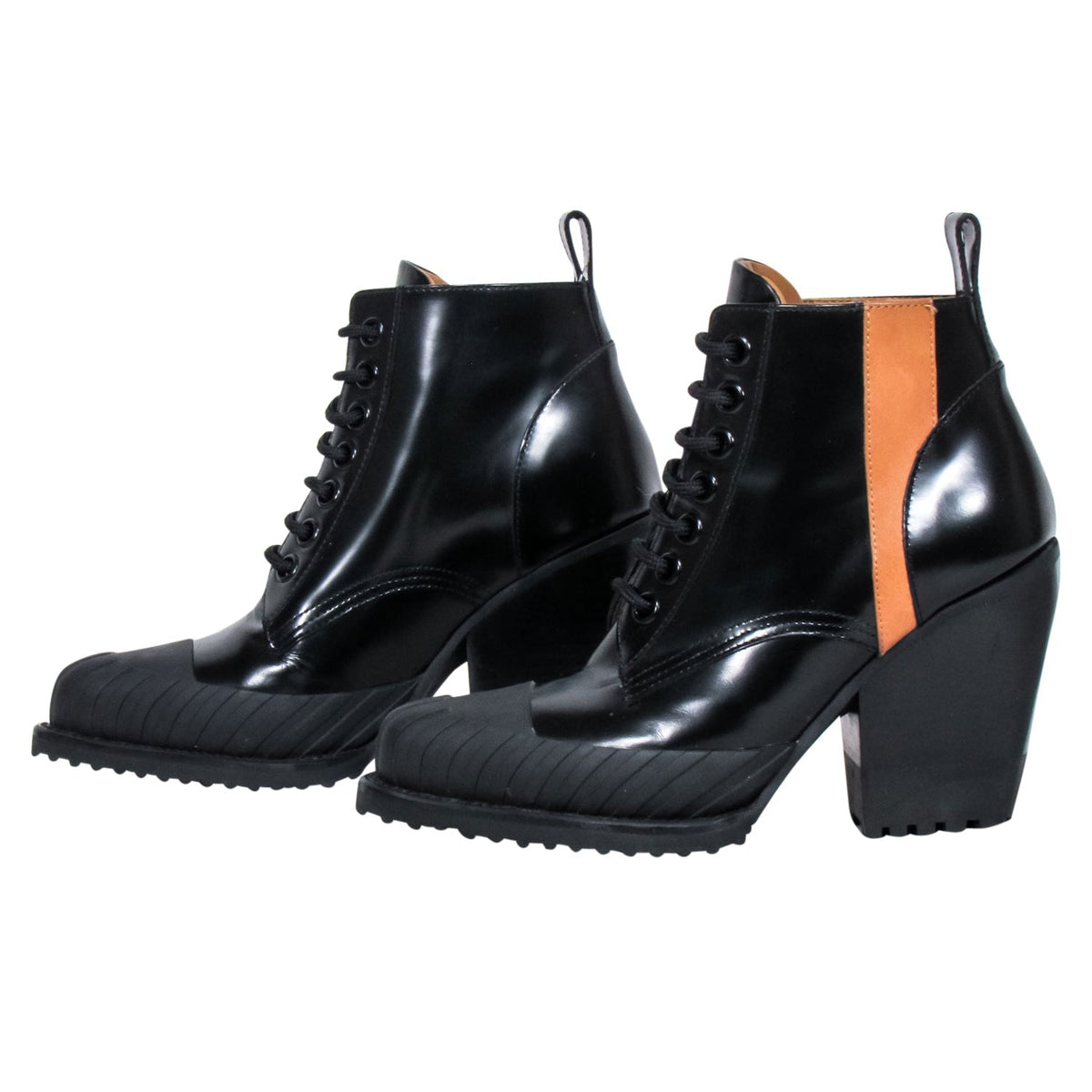 Chloe - Black & Tan Patent Leather Lace Up Short Boots Sz 8