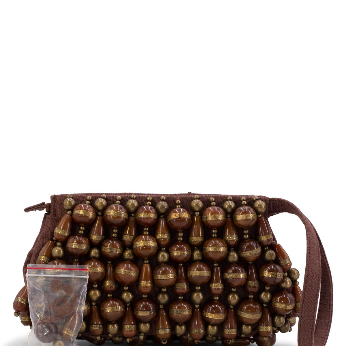 Chloe Canvas Beaded Wristlet Bag Brown