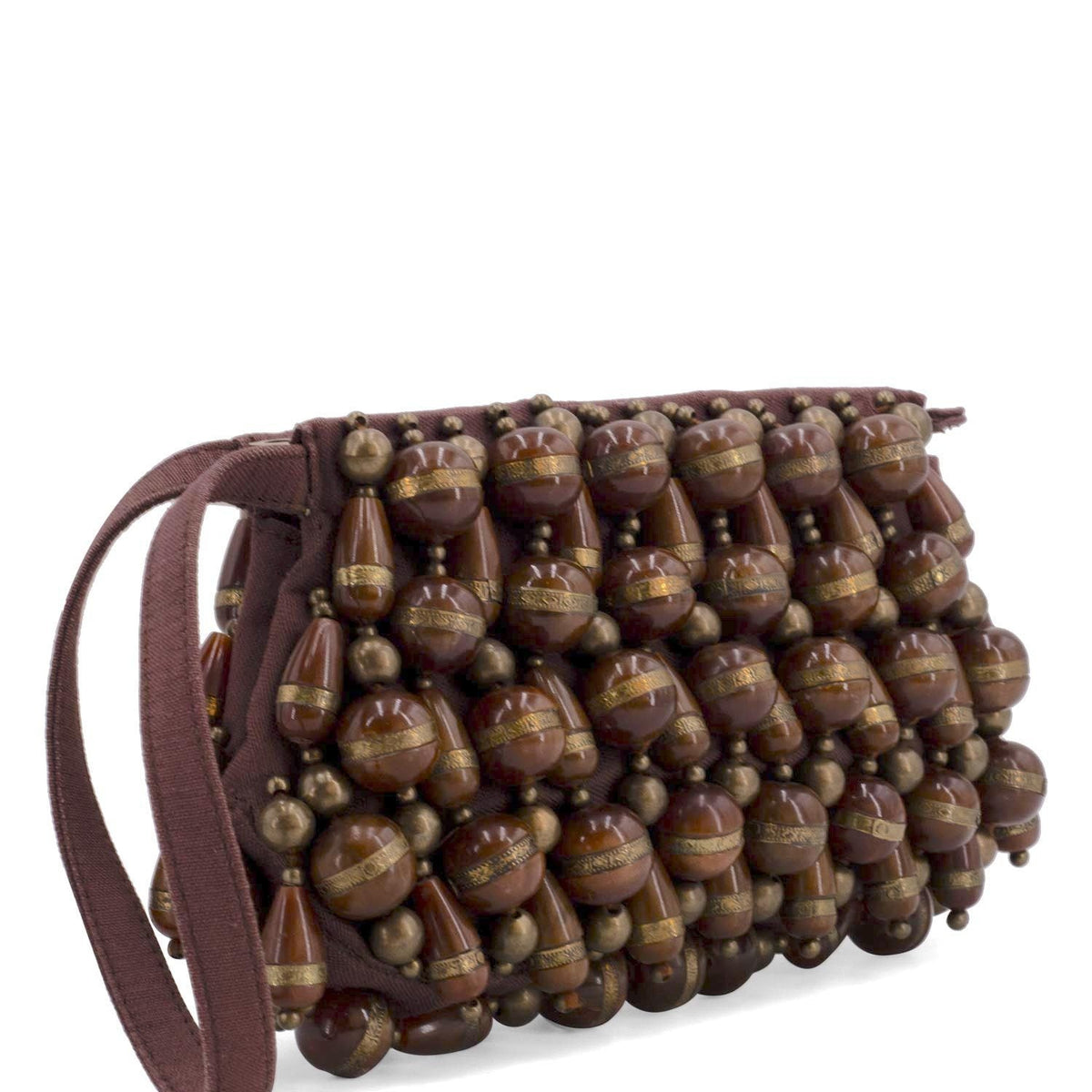 Chloe Canvas Beaded Wristlet Bag Brown