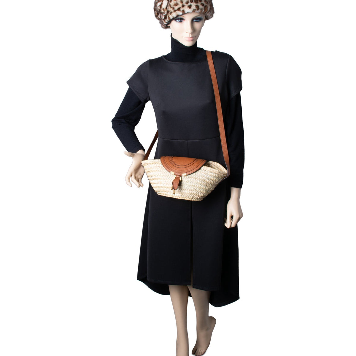 Chloe Leather Raffia Basket Messenger Bag Brown