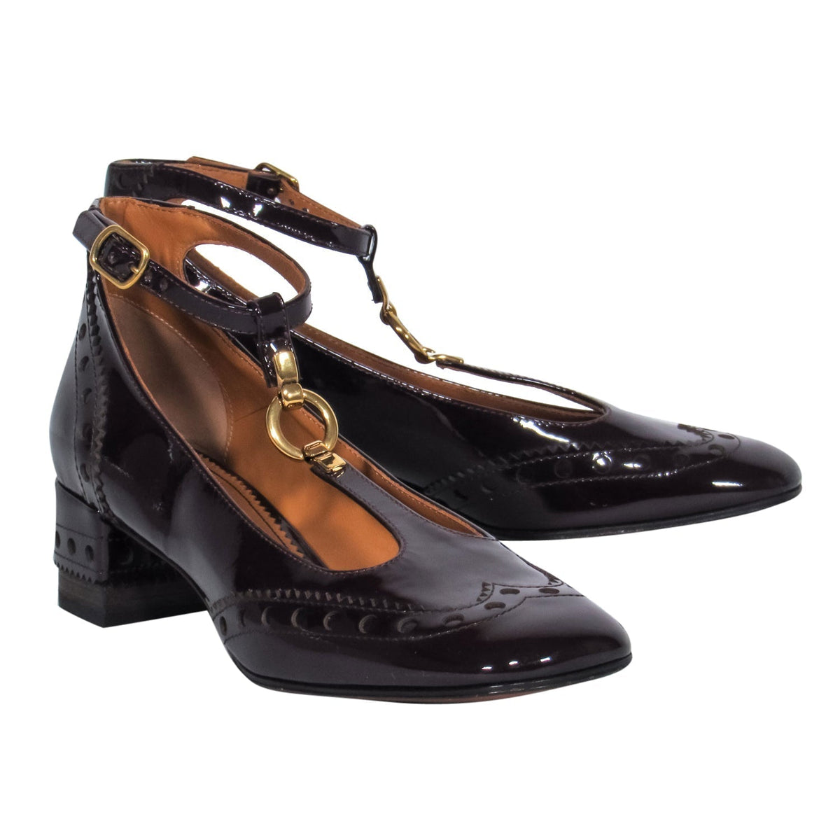 Chloe - Maroon Patent T-Strap Mary Jane Pumps w/ Loafer Embroidery Sz 8