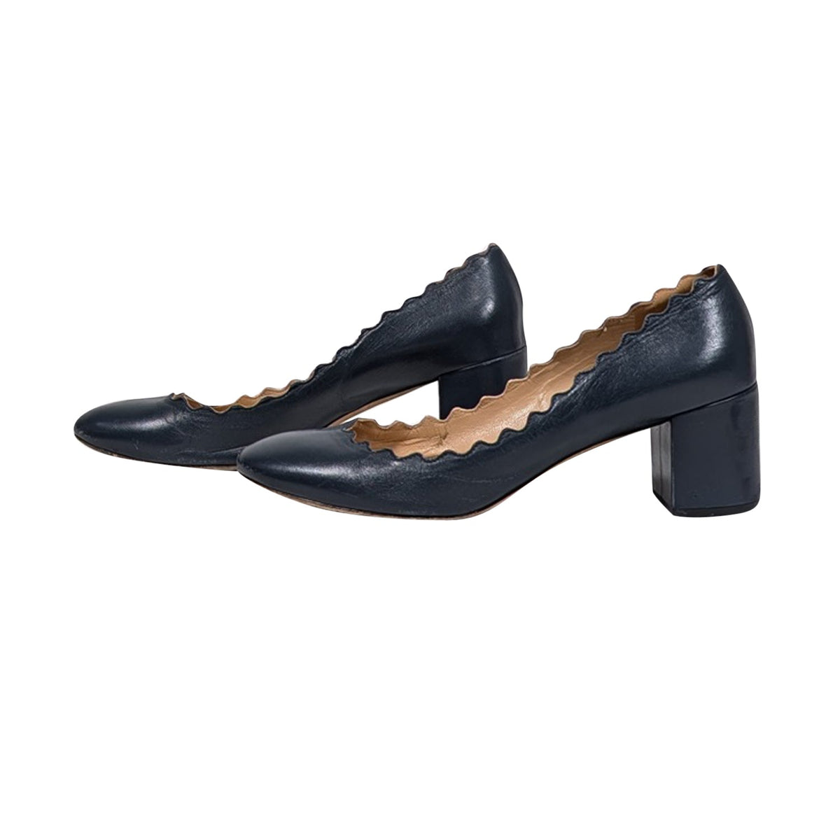 Chloe - Navy Leather Scallop Edge Low Basic Pumps Sz 8