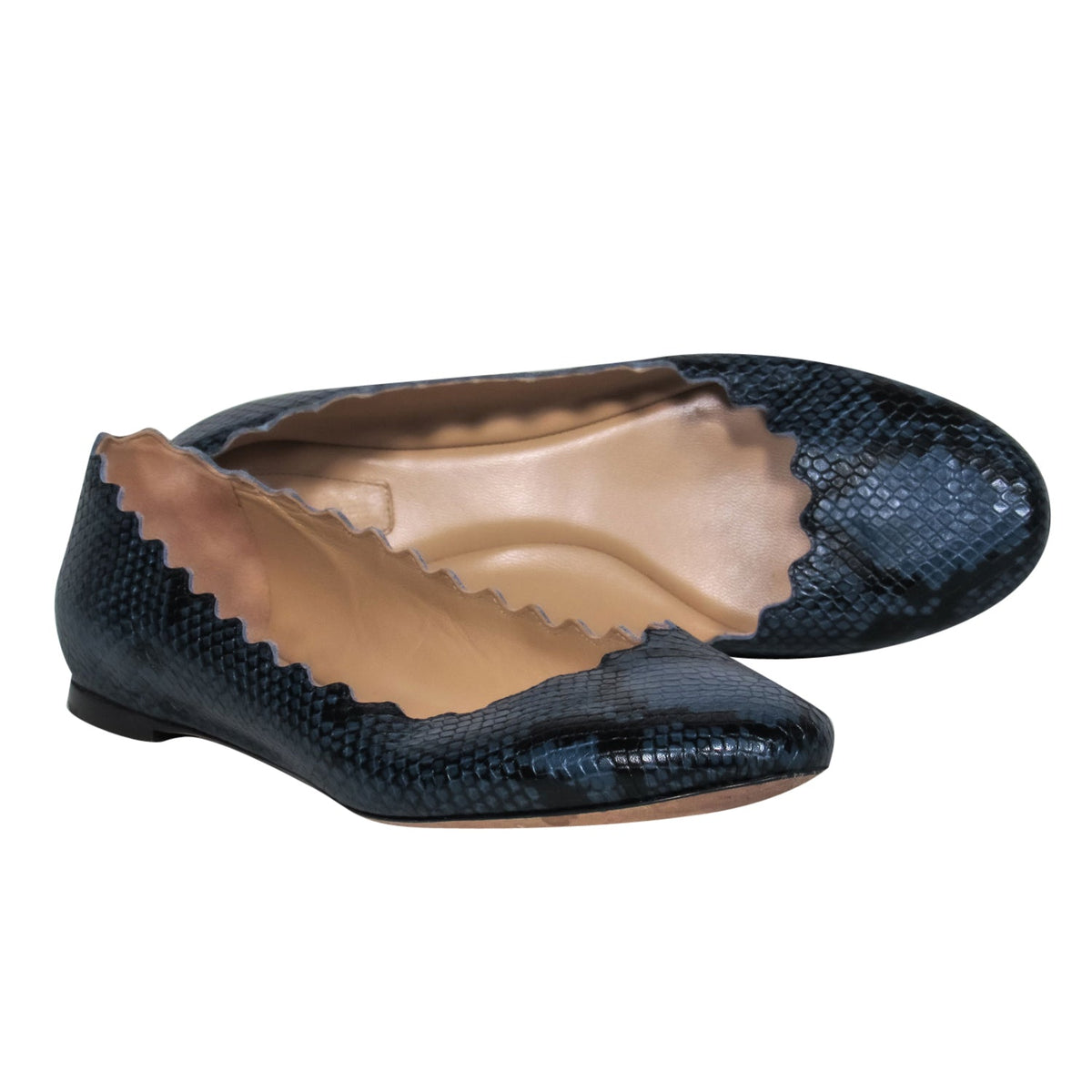 Chloe - Navy Snakeskin Print Textured Scalloped Flats Sz 9.5