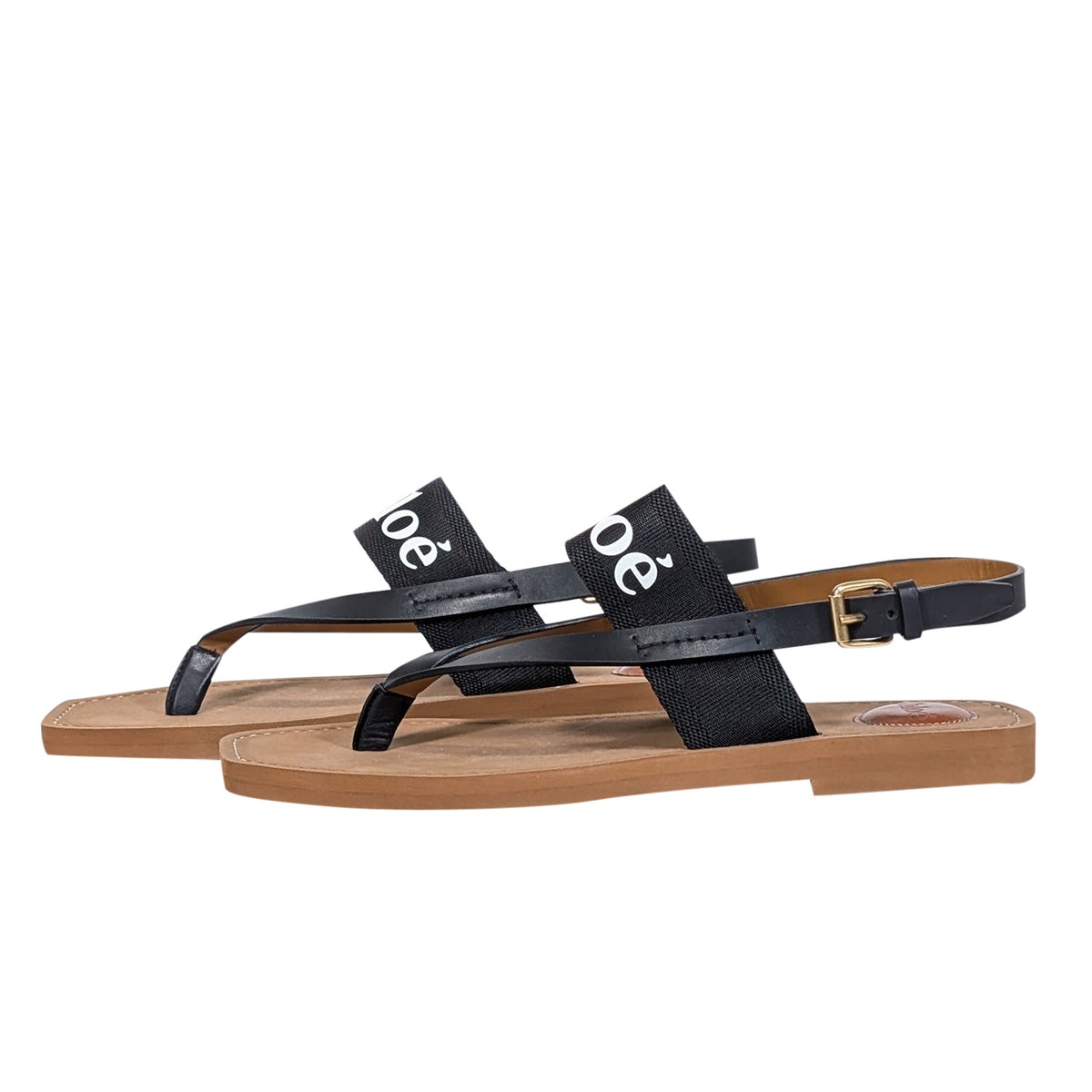 Chloe - Tan w/ Black Logo Strappy Sandals Sz 11