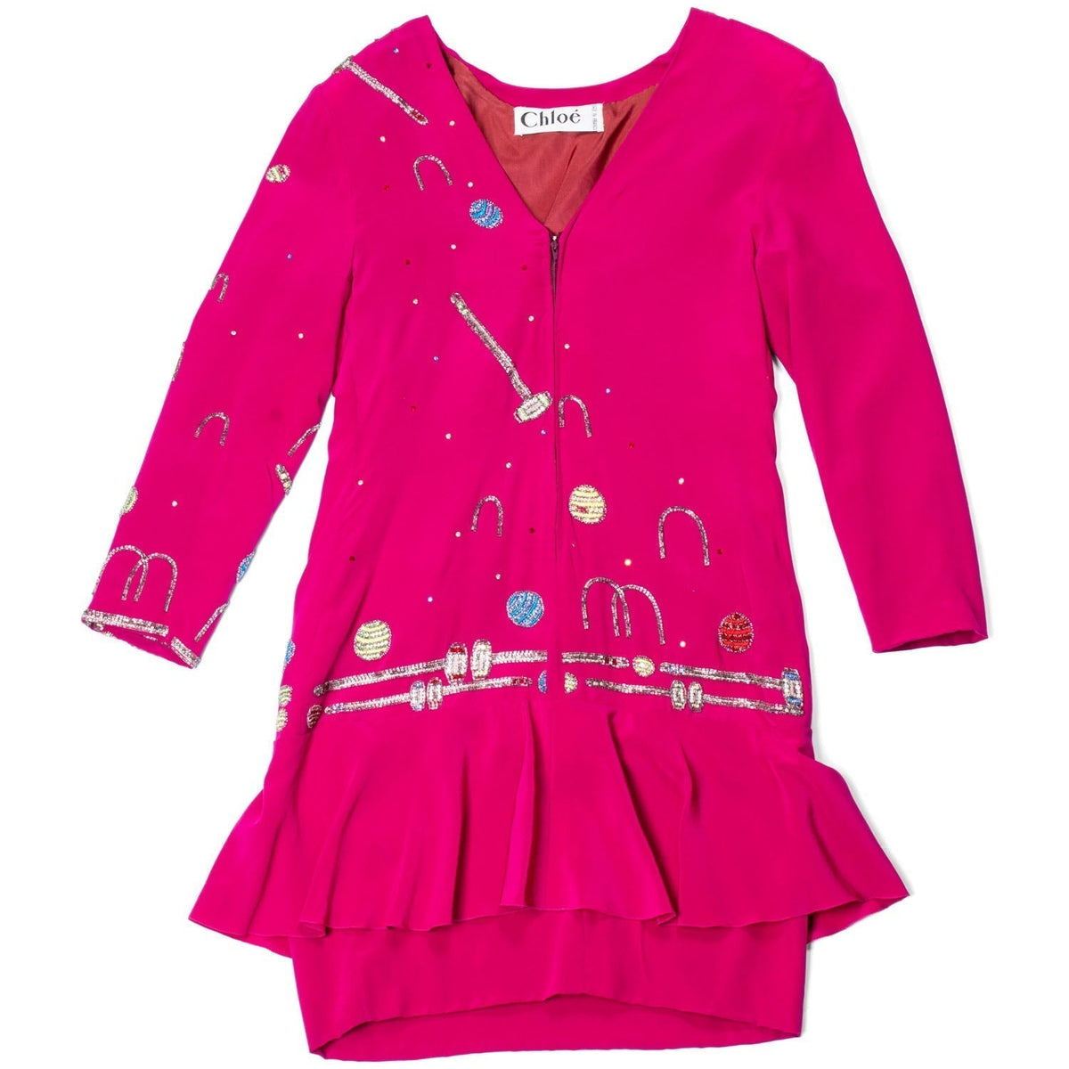 Chloe Vintage Silk Beaded Croquet Mini Dress Hot Pink