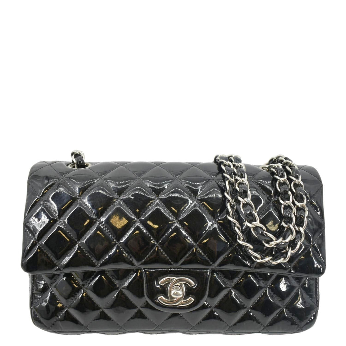 Chanel Classic Medium Double Flap Patent Leather Shoulder Bag Black