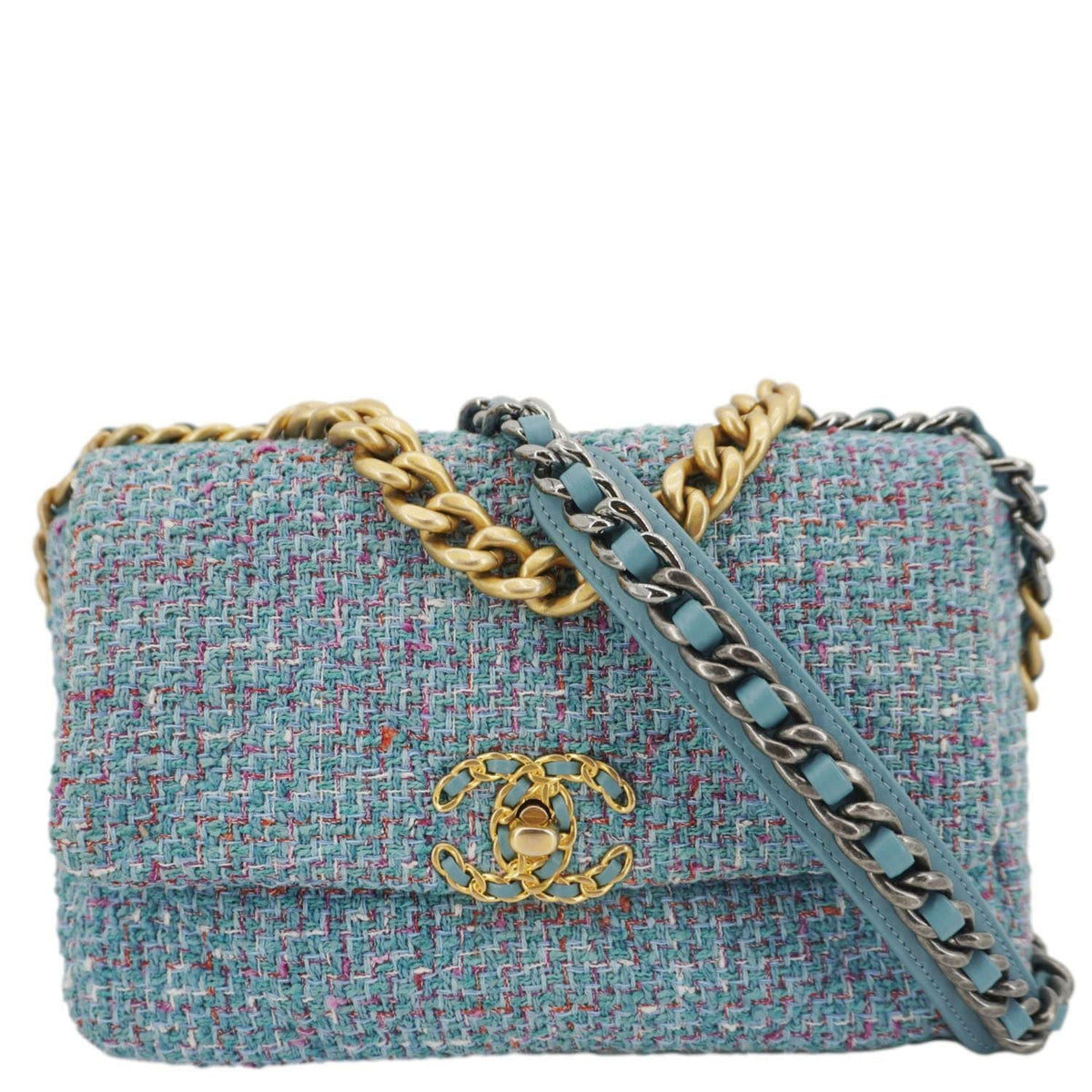 Chanel 19 Flap Medium Quilted Tweed Shoulder Bag Blue