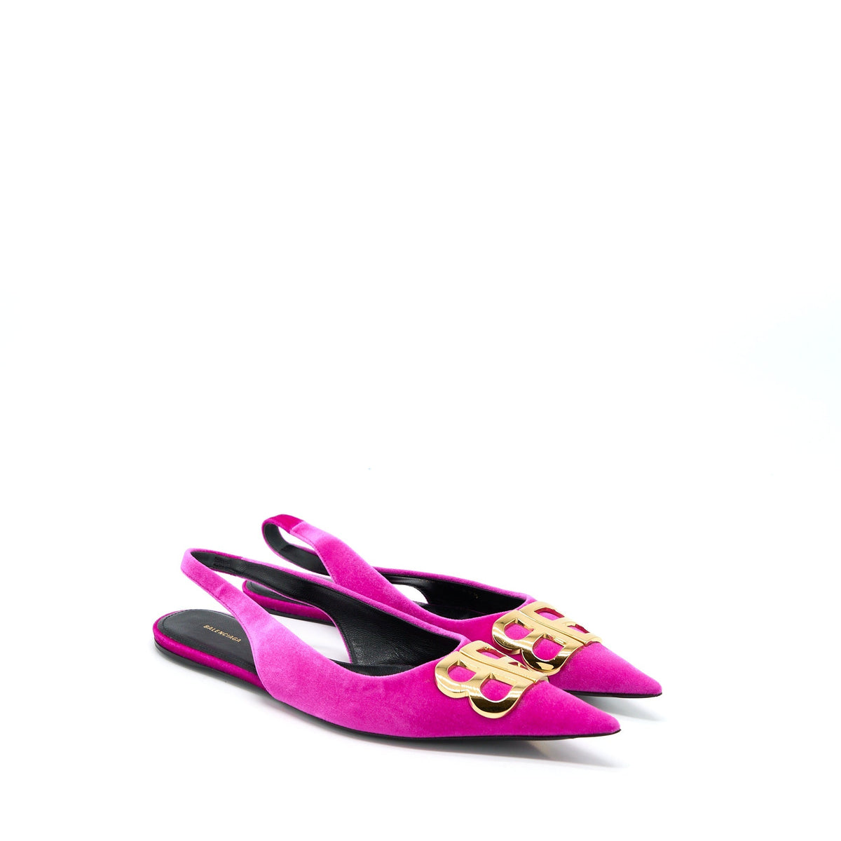 balenciaga Size 39.5 Ballet Flats BB Velvet Pink Gold Tone
