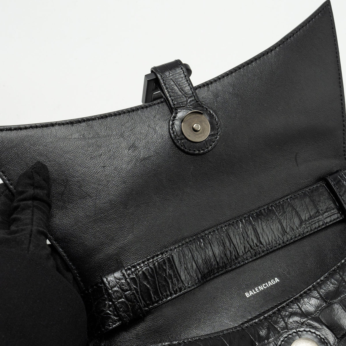 balenciaga Limited Edition Downtown Small Shoulder Bag Croc-Embossed Calfskin Black with Black Hardware