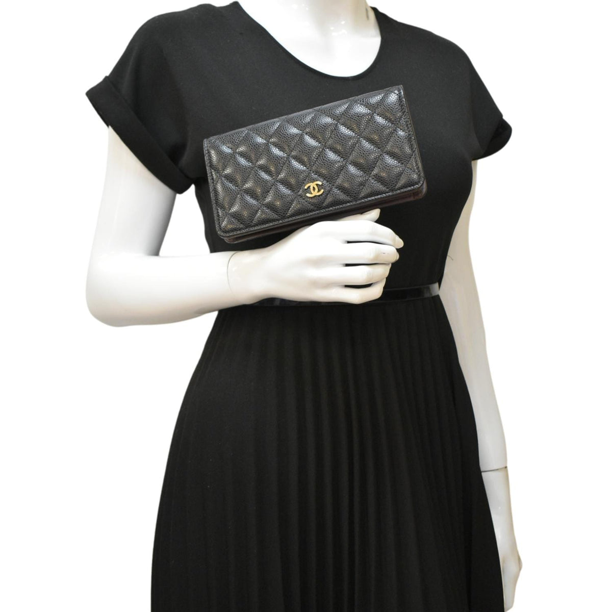 Chanel Bifold Quilted Caviar Leather Long Wallet Black