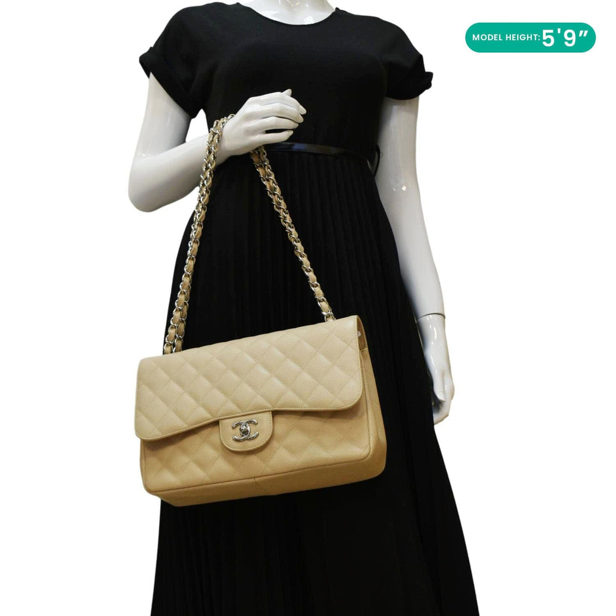 Chanel Classic Jumbo Double Flap Quilted Caviar Leather Shoulder Bag Cream