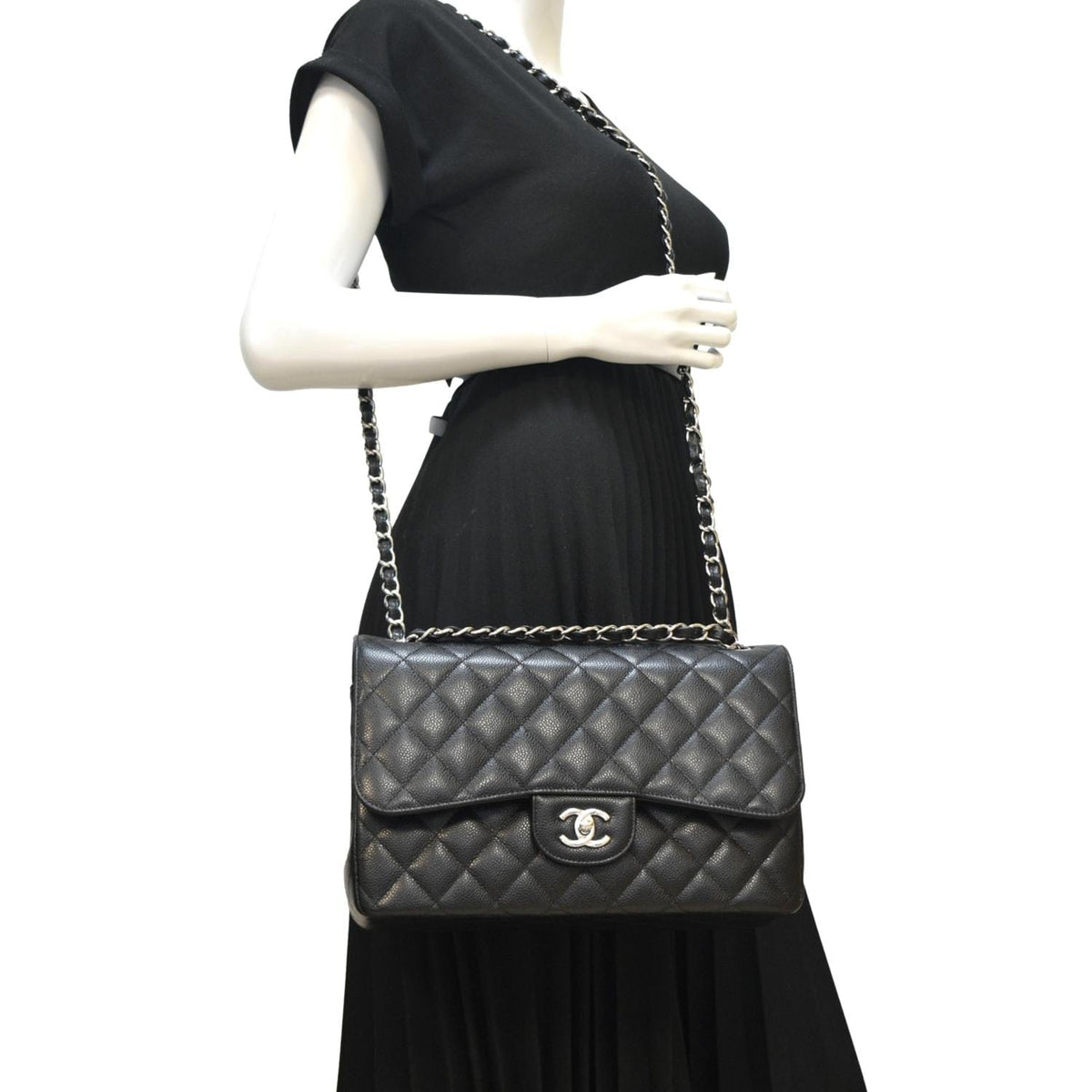 Chanel Classic Large Double Flap Quilted Leather Shoulder Bag Black