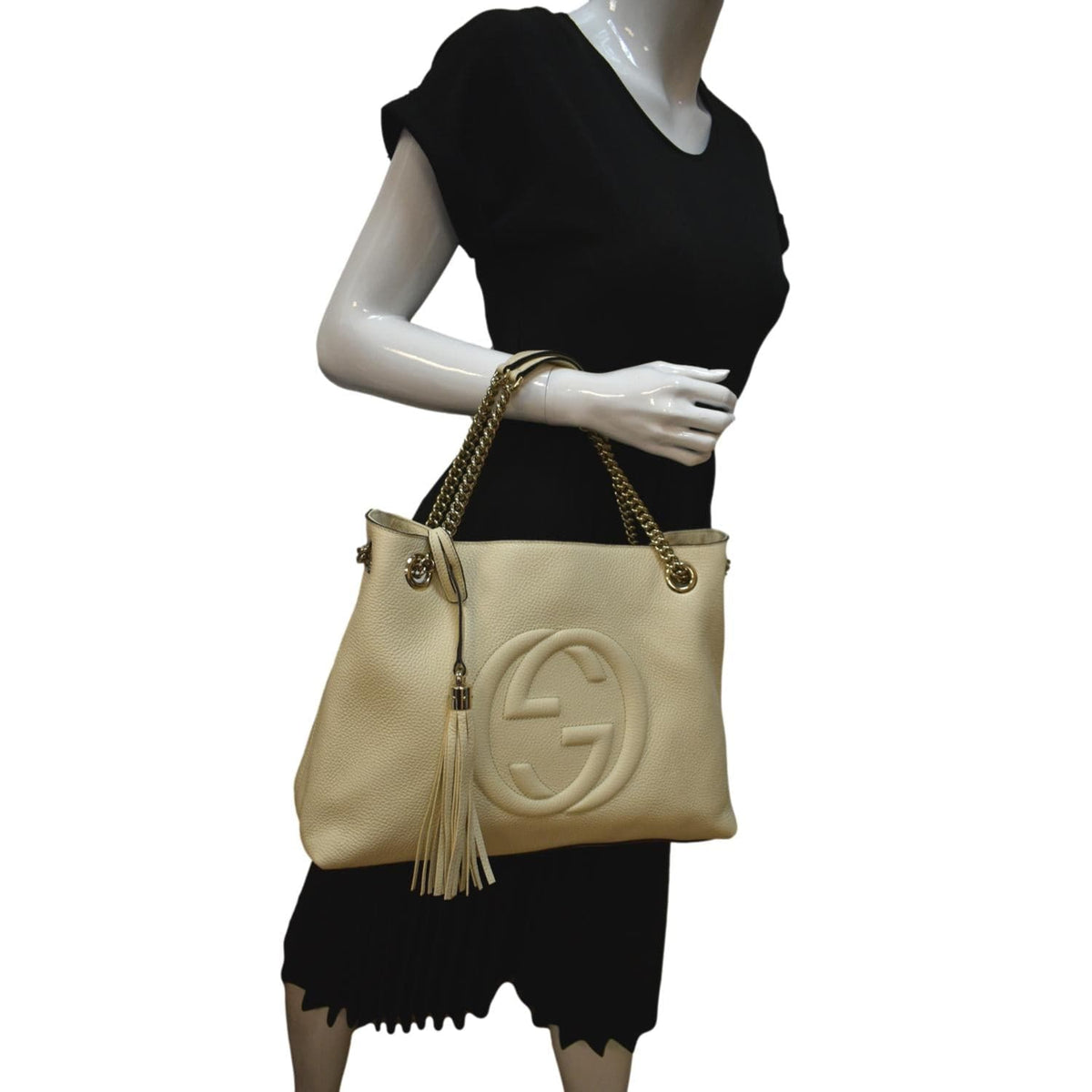 GUCCI Women Soho Medium Chain Leather Tote Shoulder Bag Ivory 536196