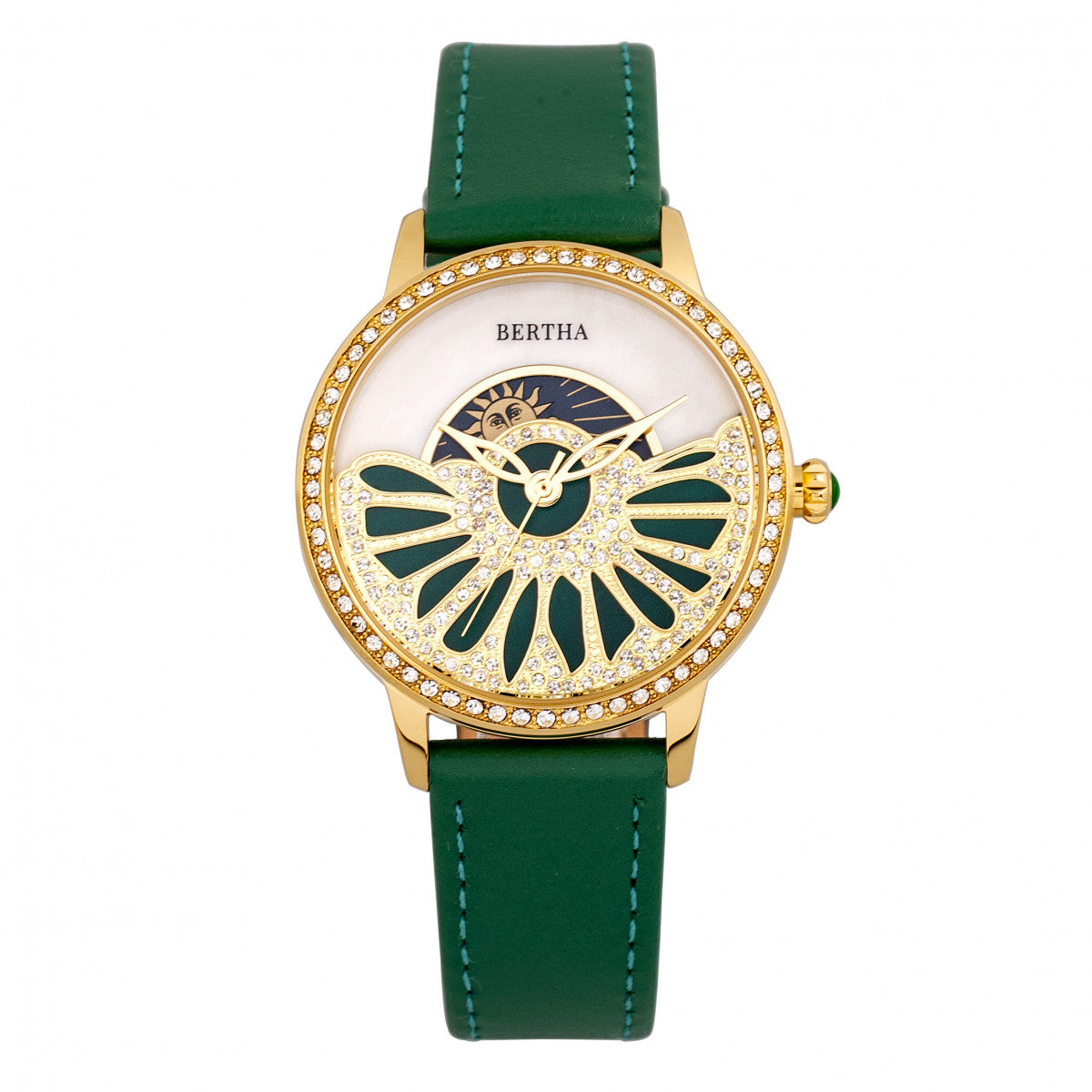 Bertha Adaline Mother-Of-Pearl Leather-Band Watch - Green